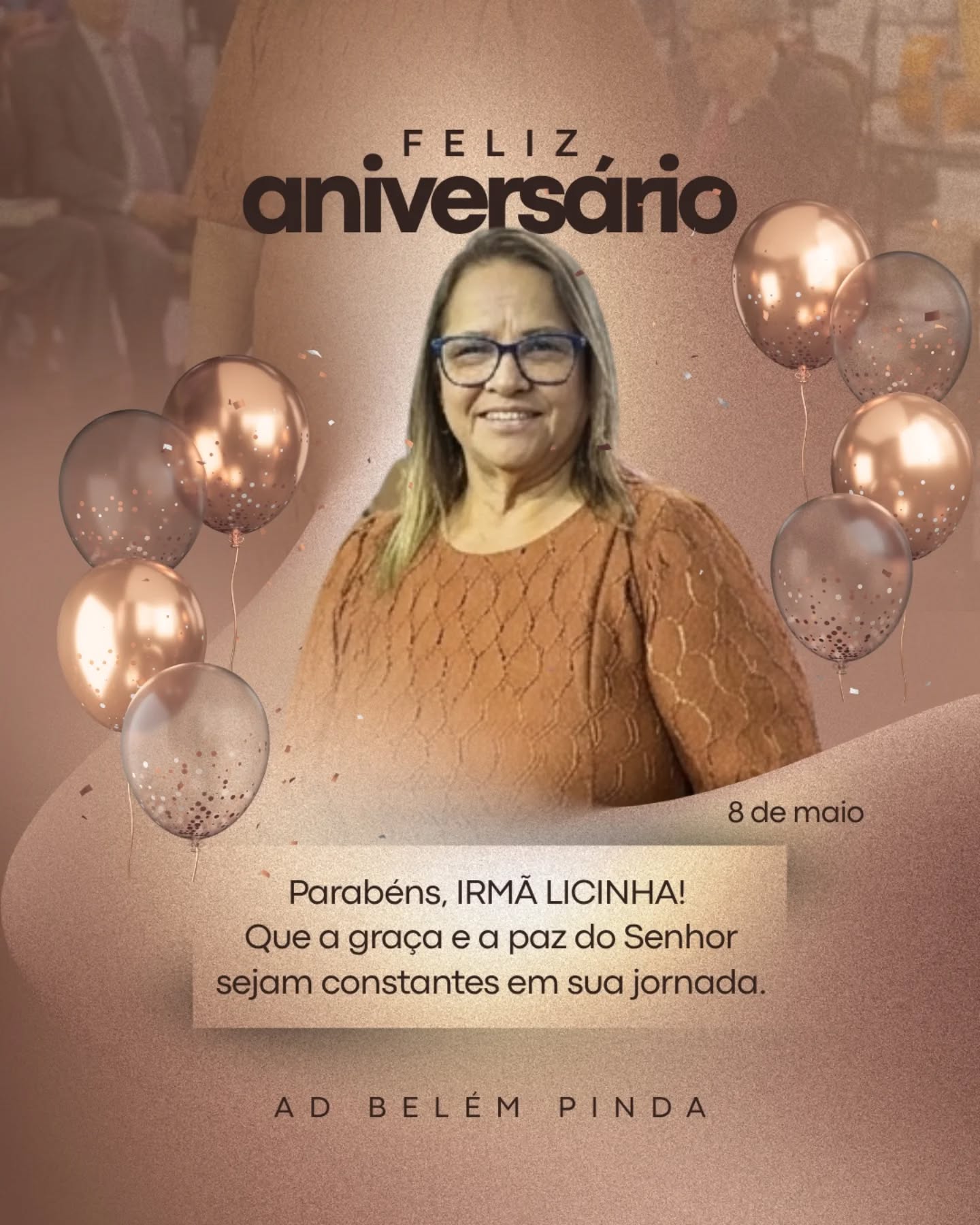 A AD Belém Pinda está em festa! 🎊
​Queremos parabenizar a nossa querida Irmã Licinha por seu aniversário hoje, dia 8 de maio. Somos gratos a Deus pela sua vida e por sua dedicação. Desejamos que o Senhor a cubra de bênçãos e renove suas forças a cada manhã.
​Parabéns, Irmã Licinha! Que a graça e a paz do Senhor sejam constantes em sua jornada. ❤️